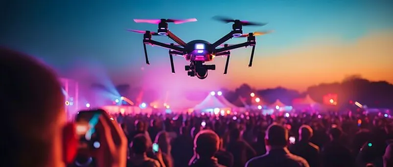 Videographer drone capturing a live event at dusk
